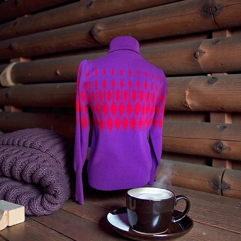 Ann Taylor Fair Isle Turtleneck Sweater Small Purple Red Knit‎ Winter Cozy